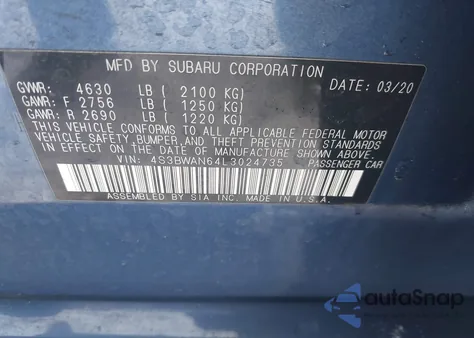 2020 Subaru Legacy Limited from USA, damaged, VIN 4S3BWAN64L3024735